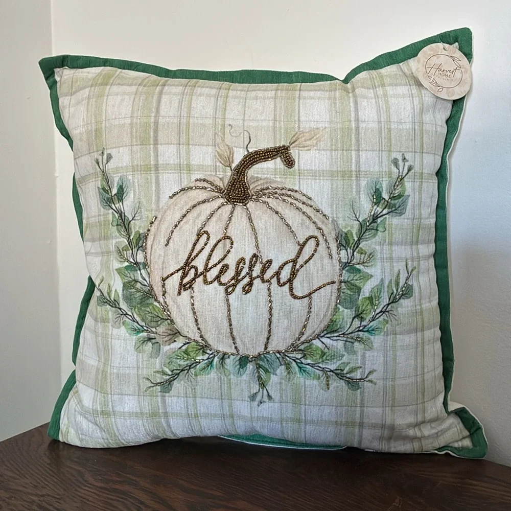 HP-NWT 16x16 Soft Green & Cream Plaid- Blessed Beaded Pumpkin Decorative Pillow